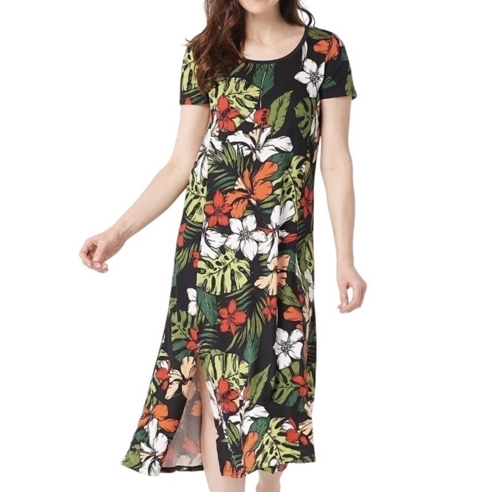 ✨Cuddl Duds Women's Flexwear Short Sleeve Maxi Dress Floral Stretchy Slit Sz M #